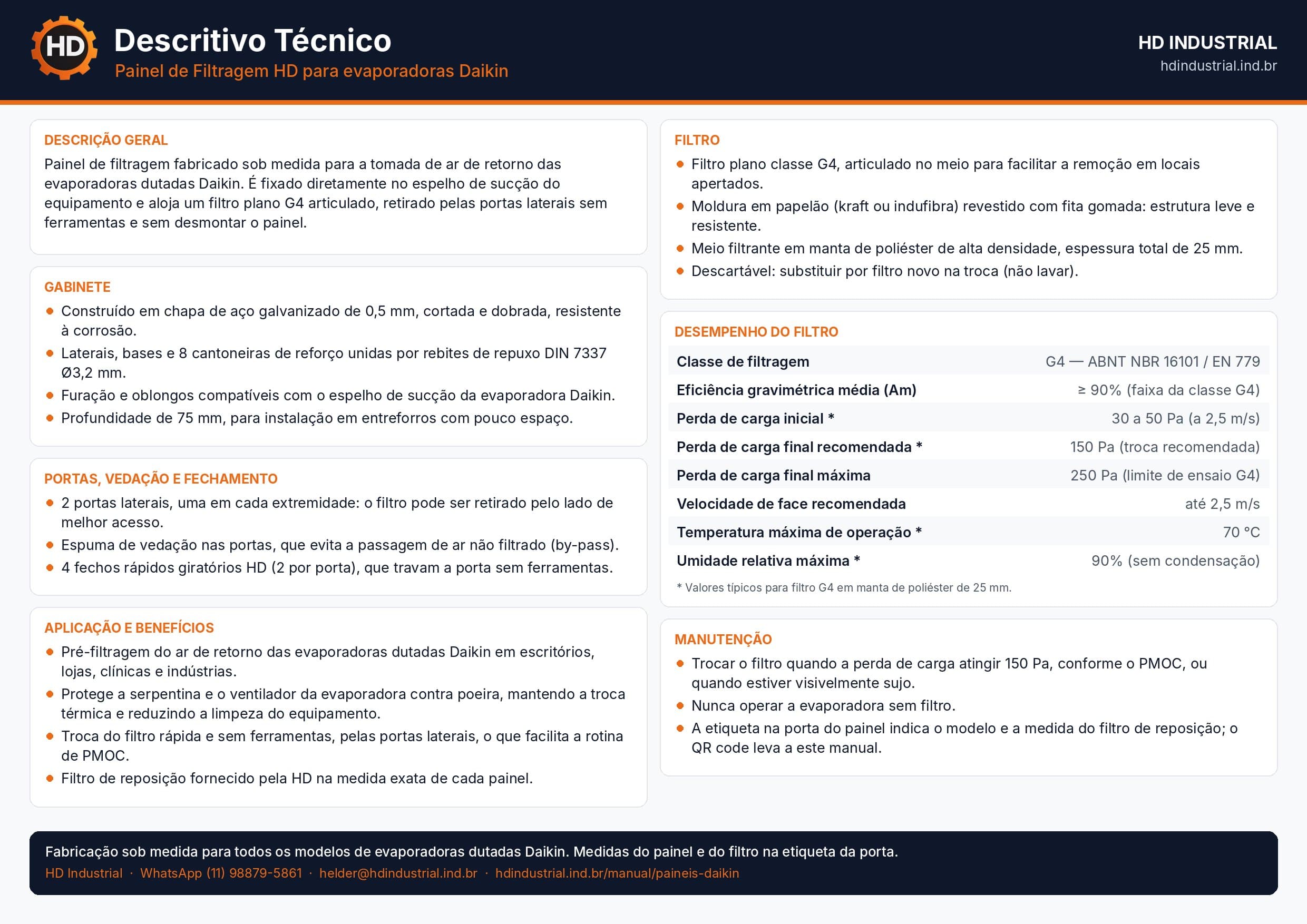 Página 2 – Descritivo técnico: gabinete em aço galvanizado, portas com espuma de vedação e fechos rápidos, filtro plano G4 em papelão com manta de poliéster e dados de desempenho